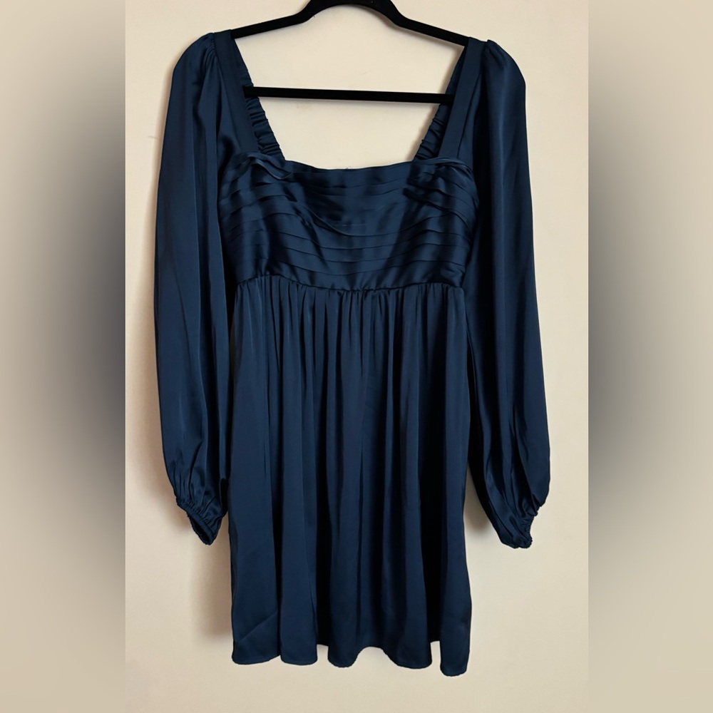 Abercrombie & Fitch Navy Long-Sleeve Square Neck Mini Dress with side pockets.